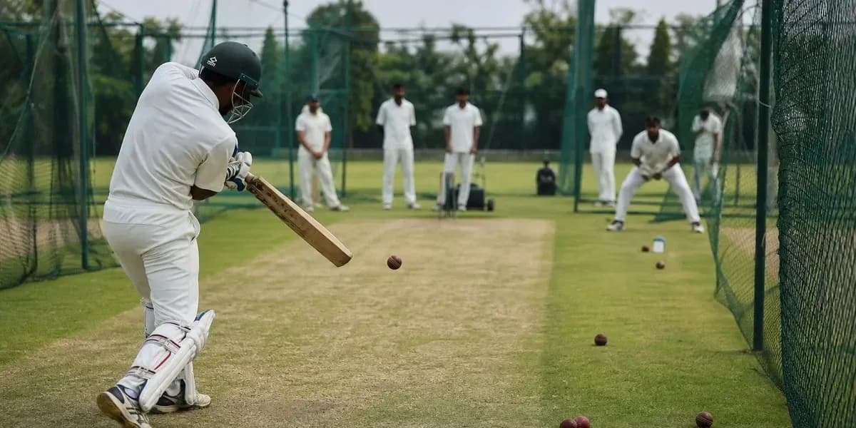 Batsman practicing in cricket nets with teammates observing Batsman practicing in cricket nets with teammates observing