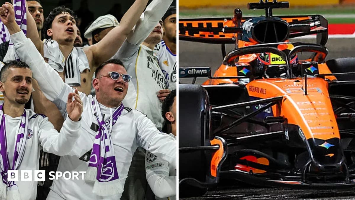 Fans celebrating on the left, McLaren car racing on the right Fans celebrating on the left, McLaren car racing on the right